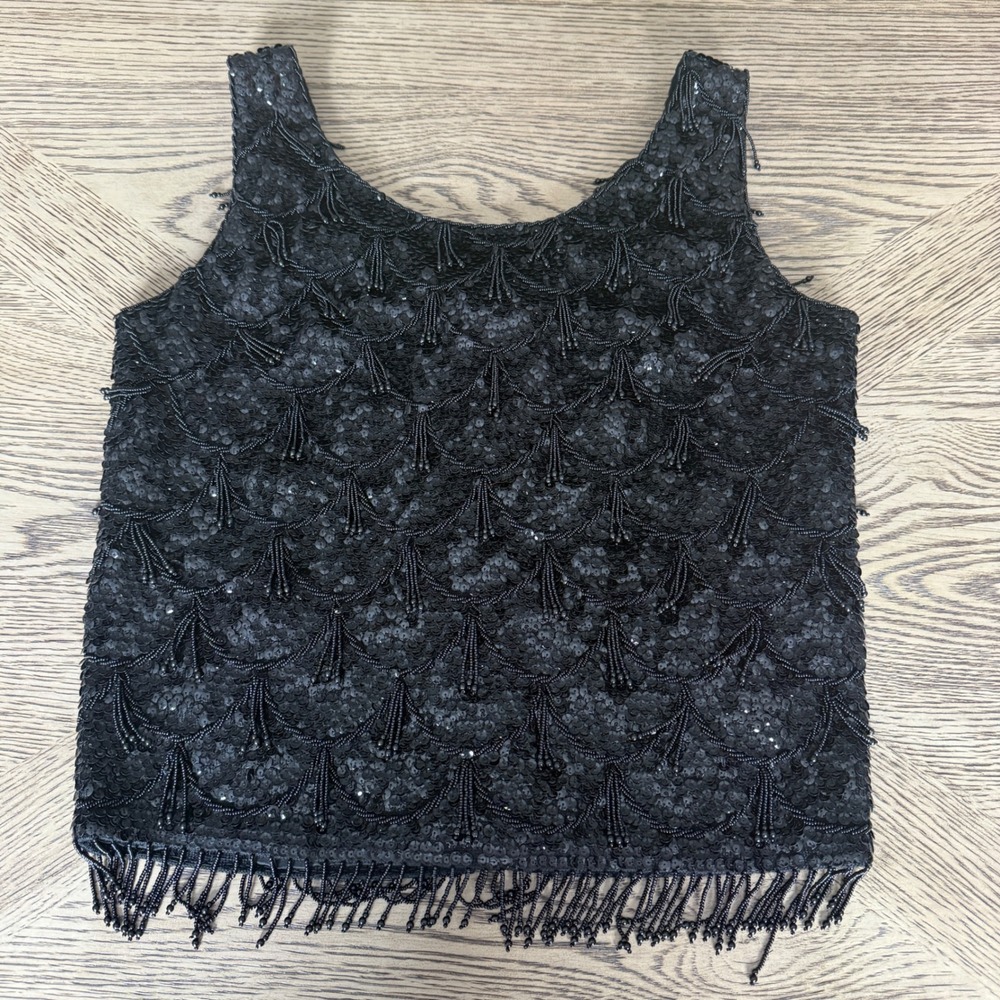 Vtg Black Sequin Beaded Fringe Tank Top Art Deco Scalloped Evening Shell S Wool